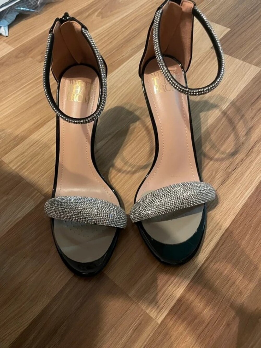 Crystal Embellished Black Ankle-Strap Women's Heels